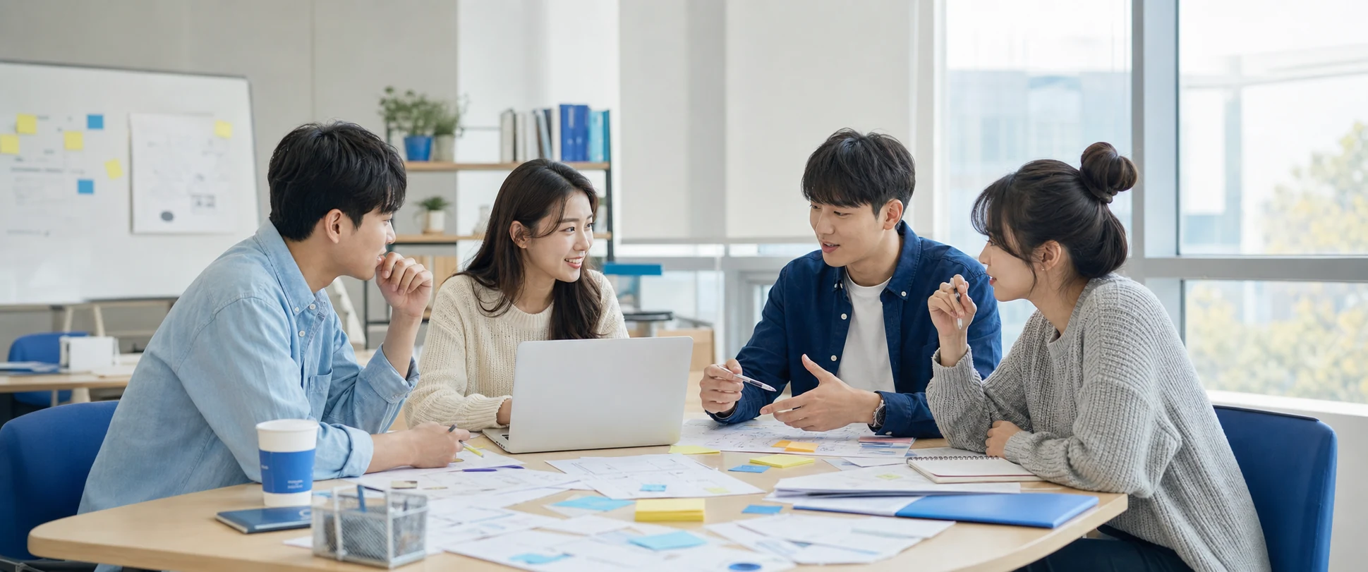 한국인 대학생 네 명이 노트북과 기획 자료를 펼쳐 놓고 사업 아이디어를 논의하는 모습